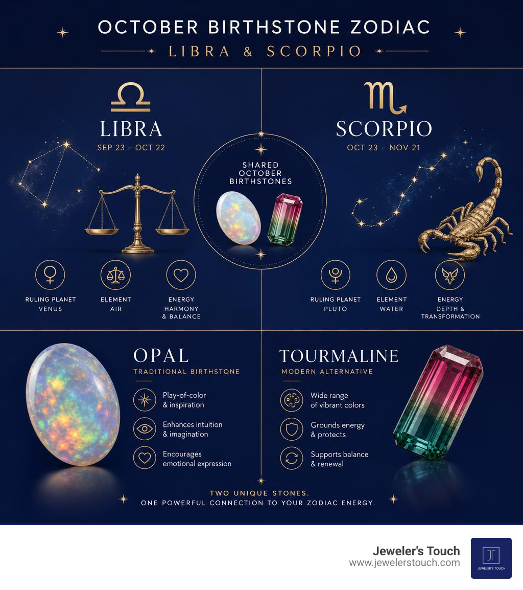 October birthstone zodiac infographic: Libra and Scorpio with opal and tourmaline properties infographic