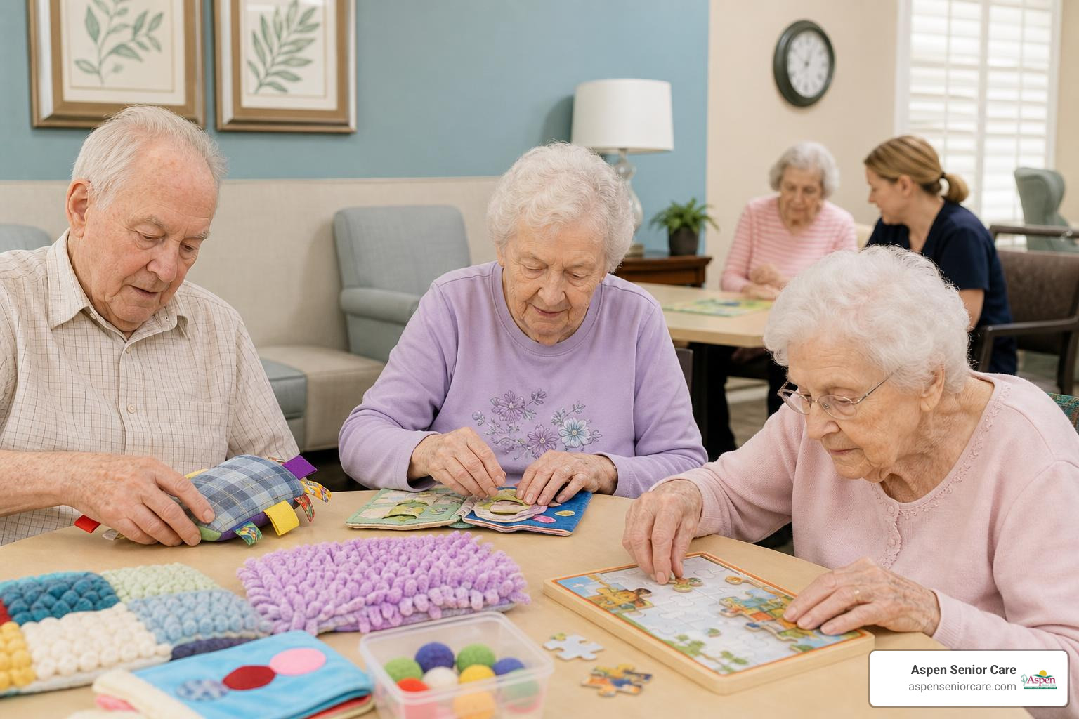 A sensory-focused memory care activity setup featuring puzzles and tactile crafts