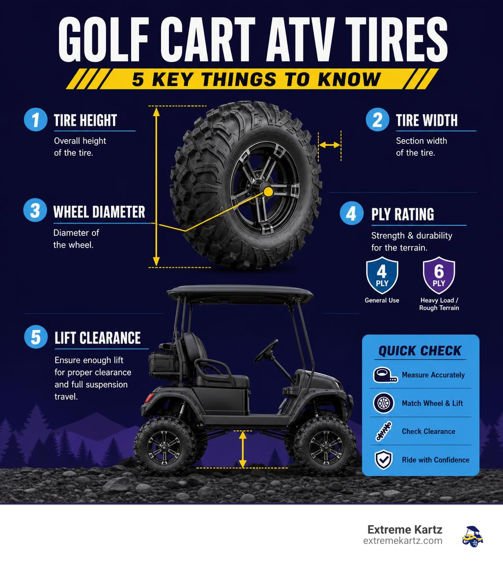 Infographic showing tire height, width, wheel diameter, ply rating, and lift clearance for golf cart ATV tires infographic