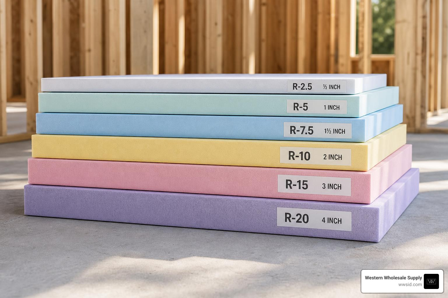 rigid foam board thicknesses labeled by R-value in a clean construction setting rigid foam board thicknesses labeled by R-value in a clean construction setting