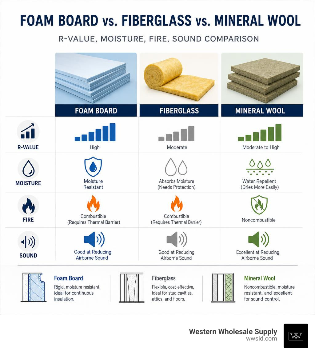 Foam board versus fiberglass and mineral wool comparison: R-value, moisture, fire, sound infographic Foam board versus fiberglass and mineral wool comparison: R-value, moisture, fire, sound infographic