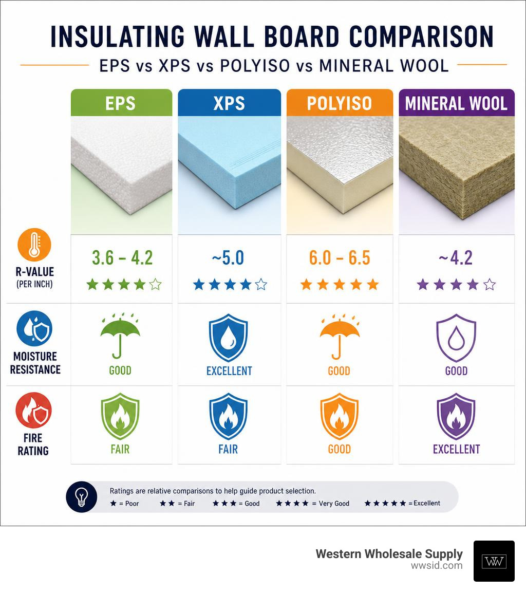 Comparison infographic: EPS vs XPS vs Polyiso vs Mineral Wool insulating wall board by R-value, moisture resistance, fire Comparison infographic: EPS vs XPS vs Polyiso vs Mineral Wool insulating wall board by R-value, moisture resistance, fire