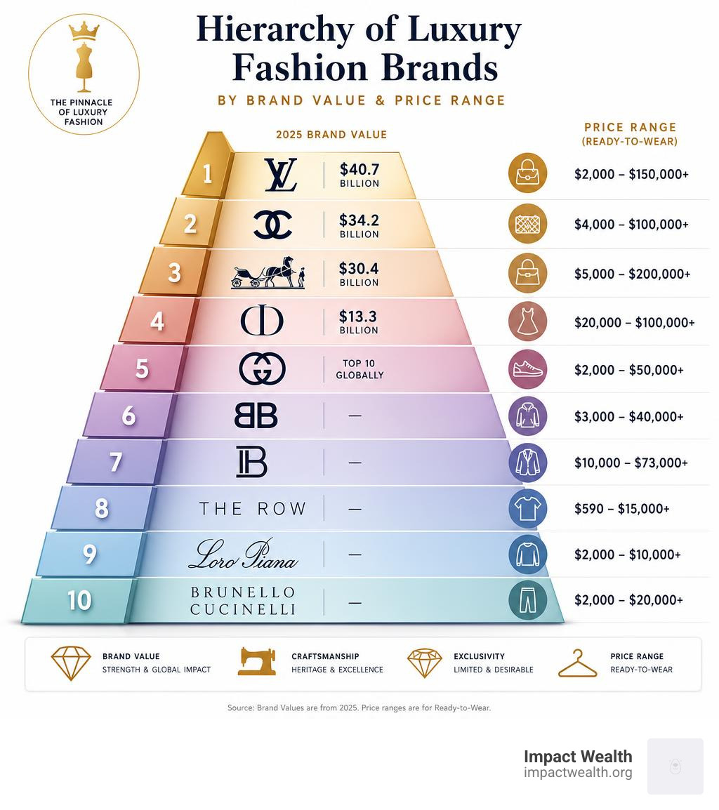 Hierarchy of luxury fashion brands by brand value and price range infographic infographic