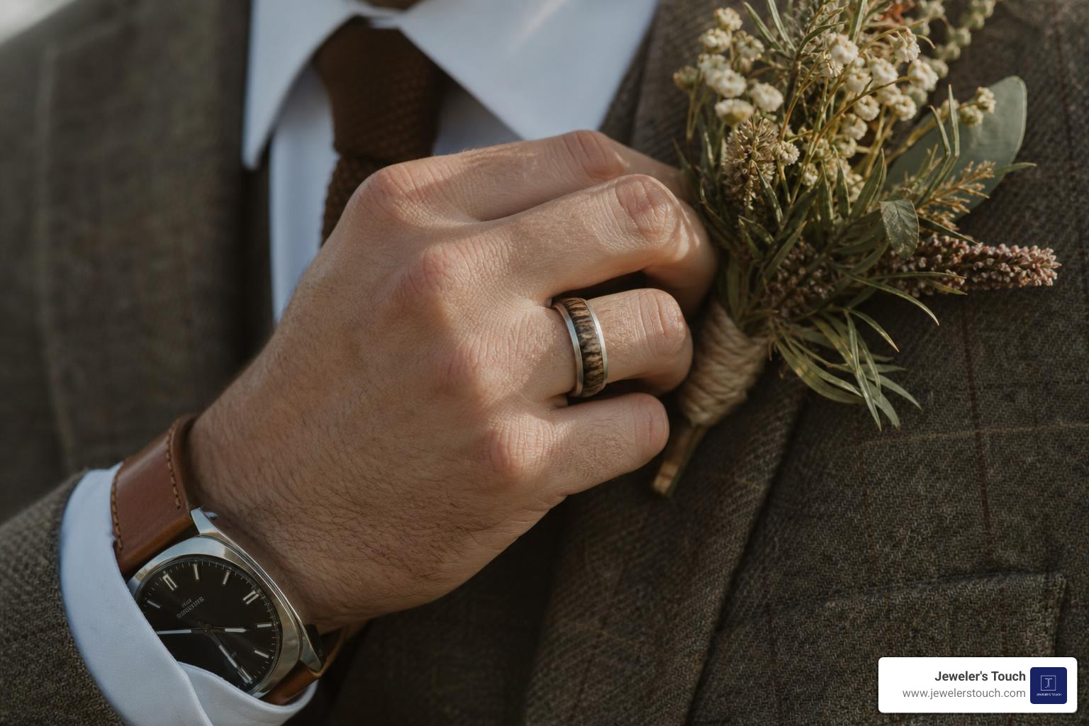 Groom accessories including a deer antler ring, leather watch, and rustic boutonniere Groom accessories including a deer antler ring, leather watch, and rustic boutonniere