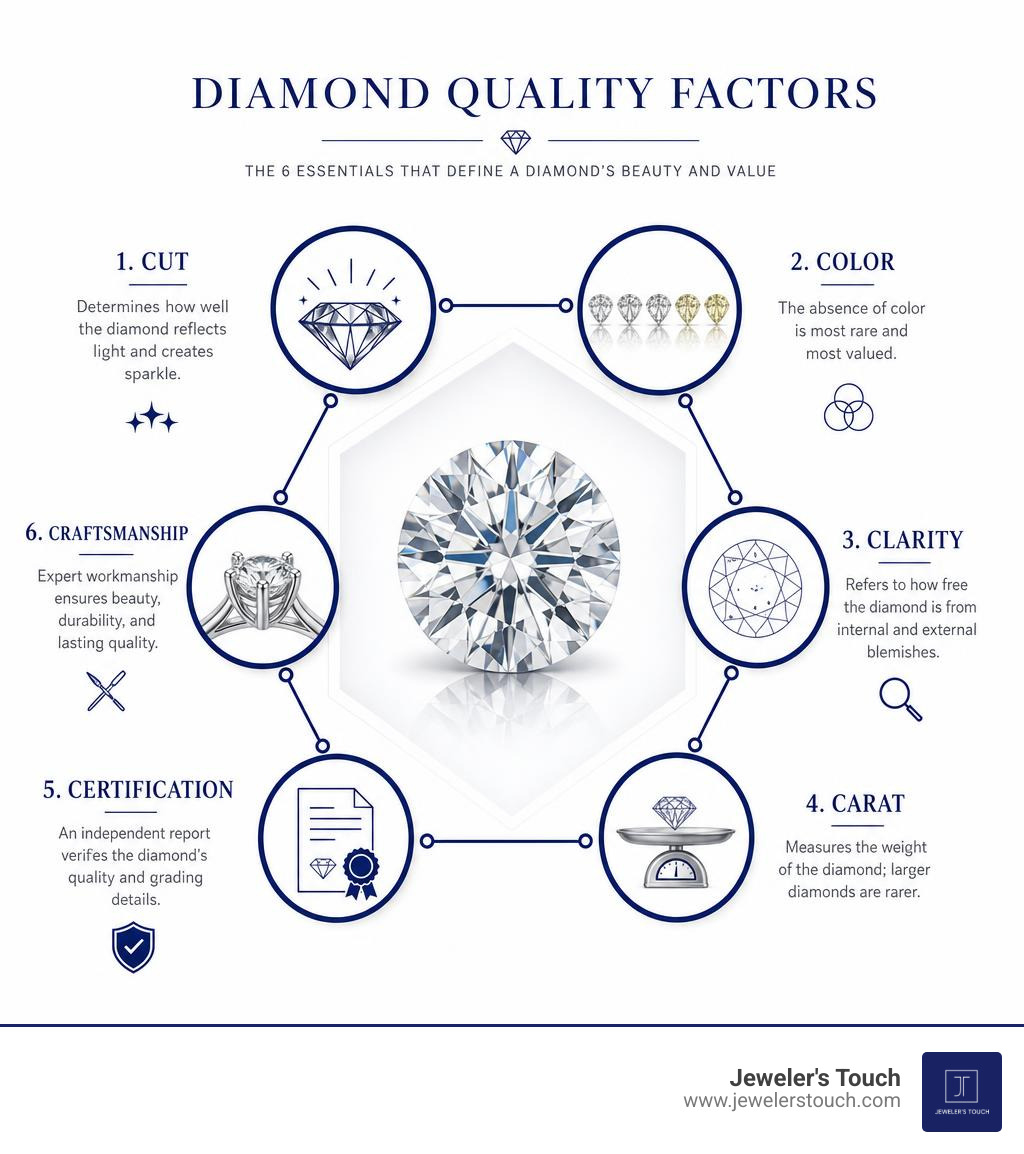 Diamond quality factors infographic including cut, color, clarity, carat, certification, and craftsmanship infographic