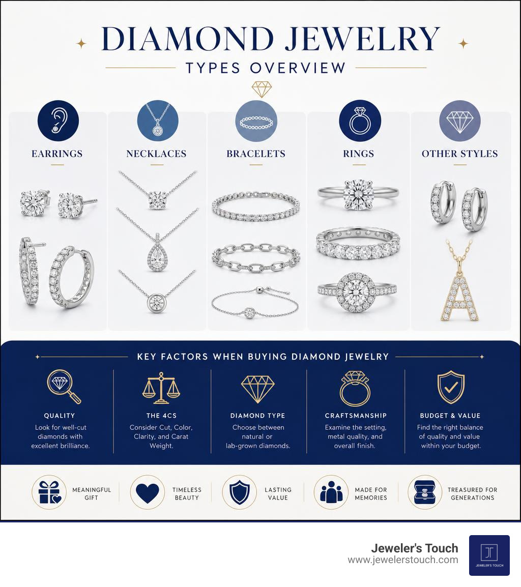 Diamond jewelry types overview infographic showing earrings, necklaces, bracelets, rings, and key buying factors infographic