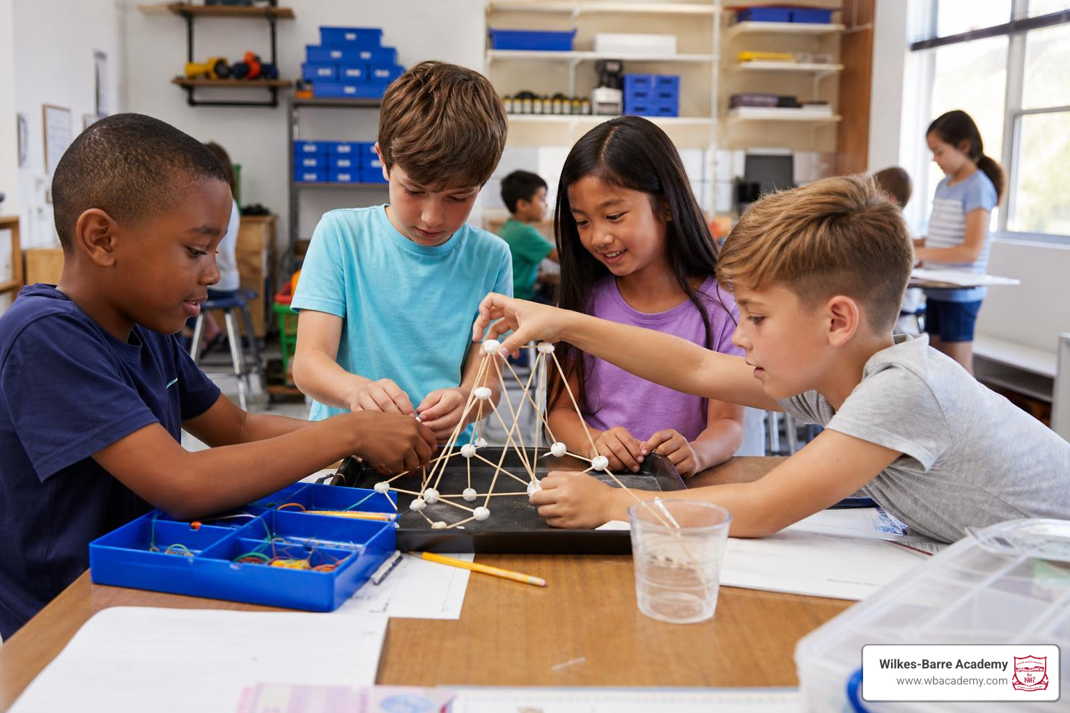 Elementary students working collaboratively on a hands-on STEM project Elementary students working collaboratively on a hands-on STEM project