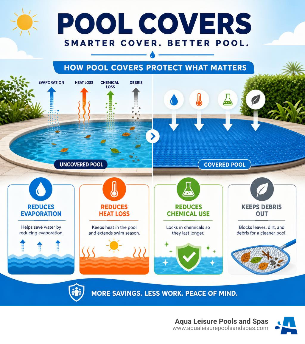 Infographic showing how pool covers reduce evaporation, heat loss, chemical use, and debris infographic Infographic showing how pool covers reduce evaporation, heat loss, chemical use, and debris infographic