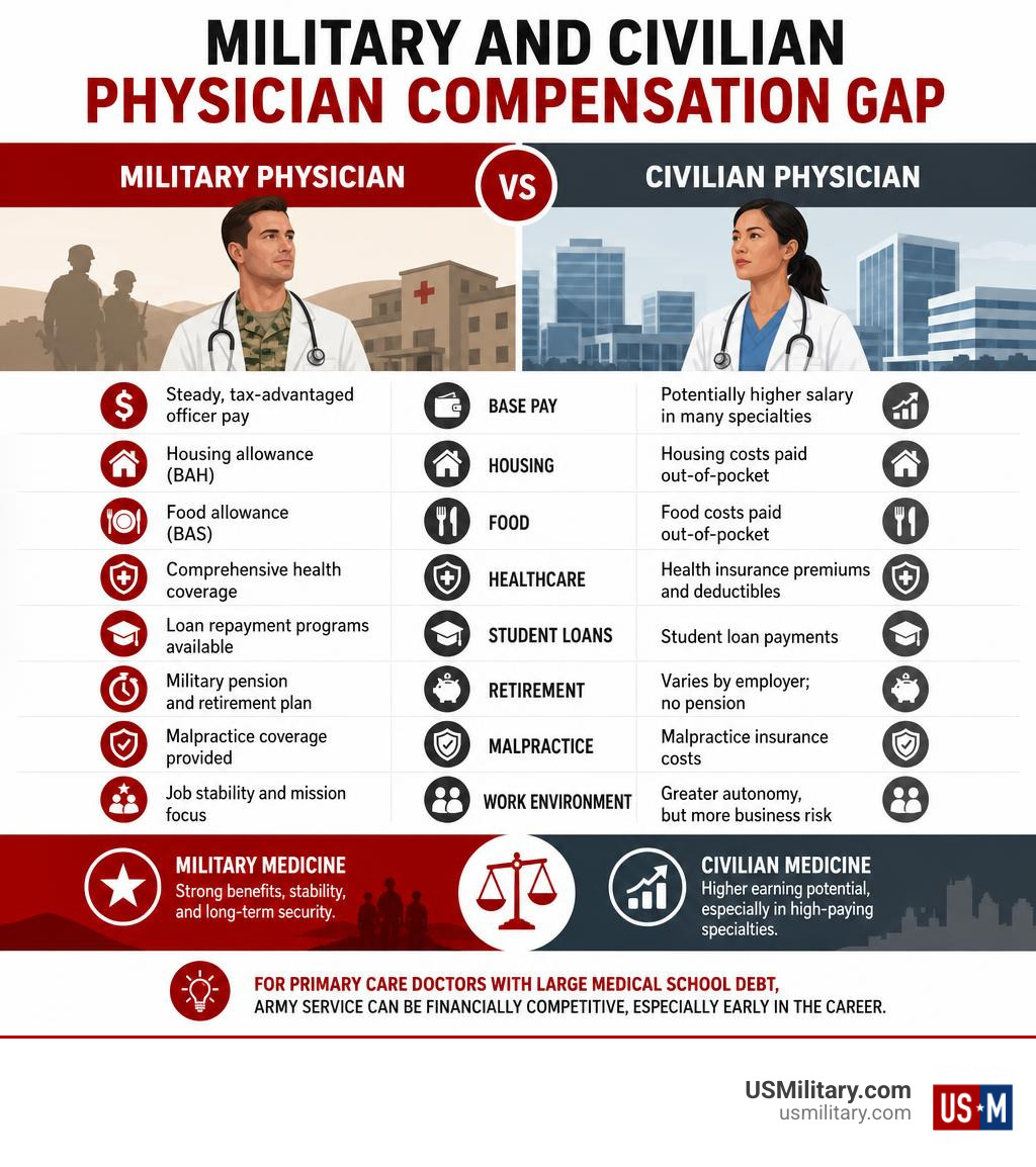 Military and civilian physician compensation gap infographic