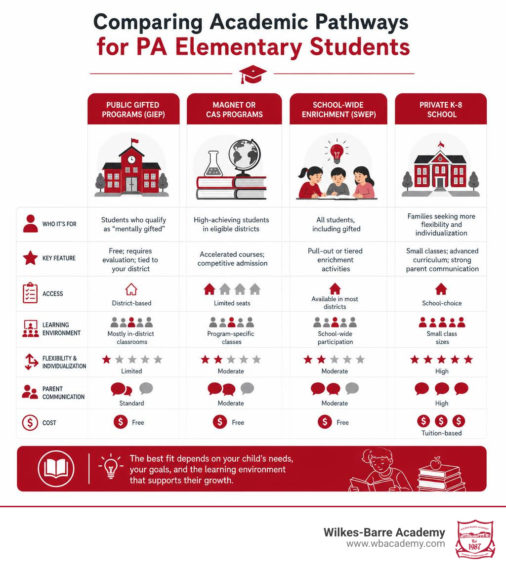 Comparison of public gifted programs, magnet schools, private K-8, and enrichment models for PA elementary students Comparison of public gifted programs, magnet schools, private K-8, and enrichment models for PA elementary students