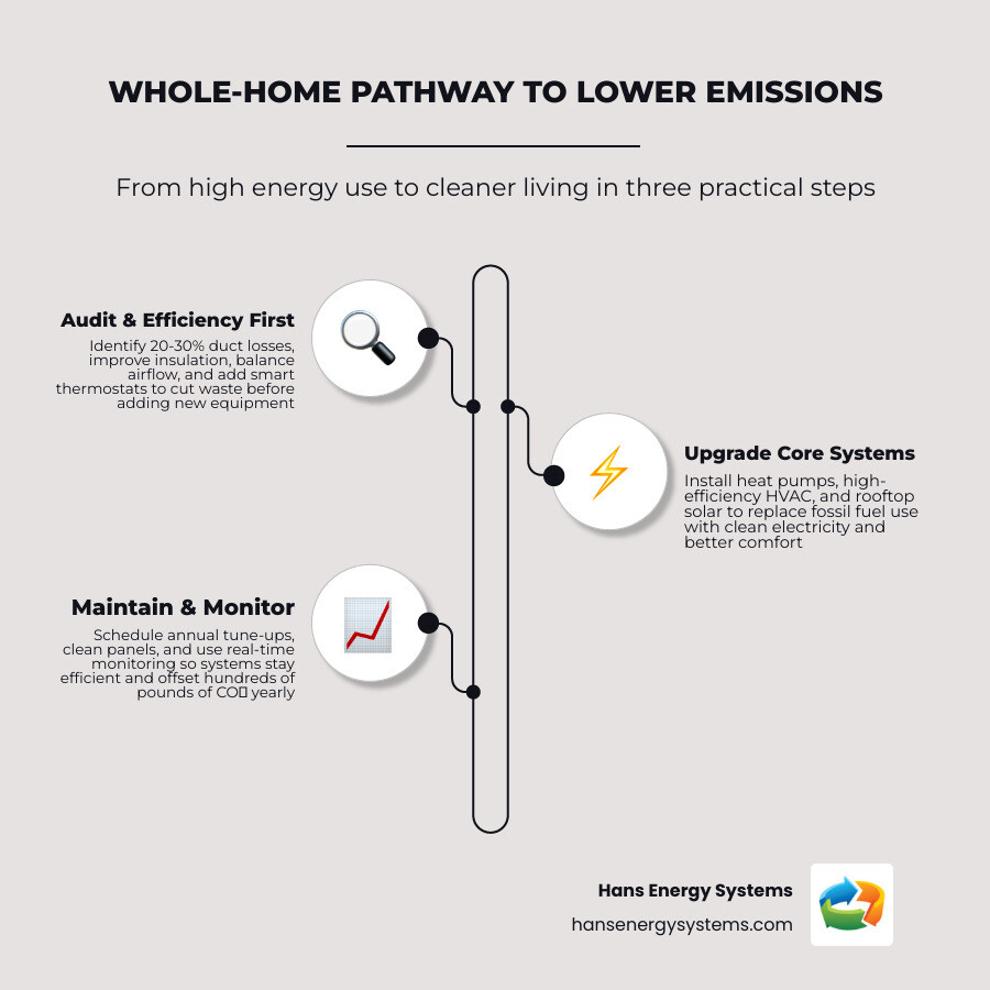 Infographic showing whole-home pathway from high energy use to lower emissions via solar and HVAC upgrades infographic