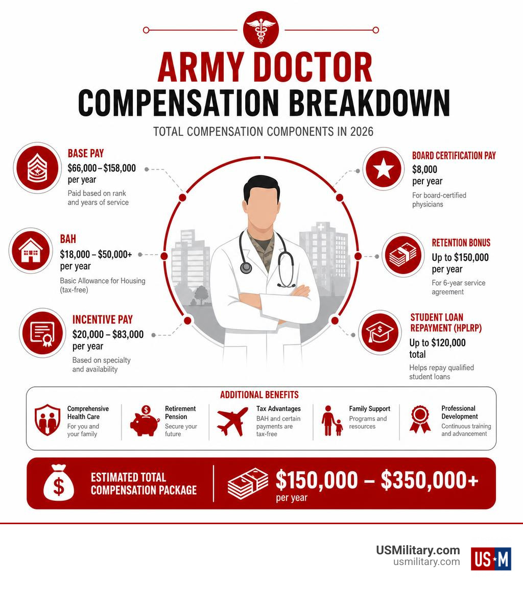 Army doctor compensation breakdown infographic showing base pay, BAH, incentive pay, bonuses, and benefits infographic