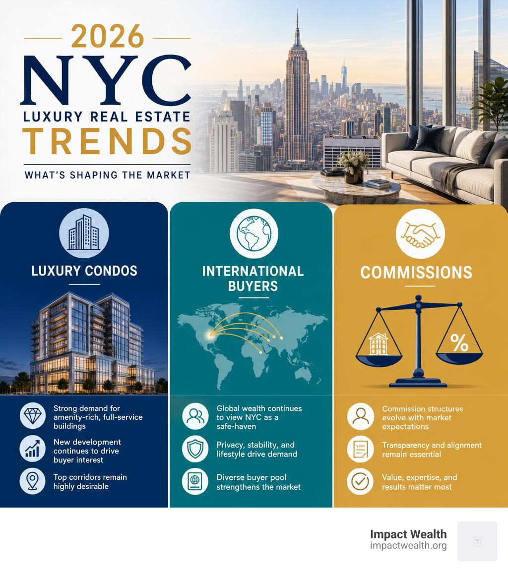 2026 NYC luxury real estate trends including condos international buyers and commissions infographic
