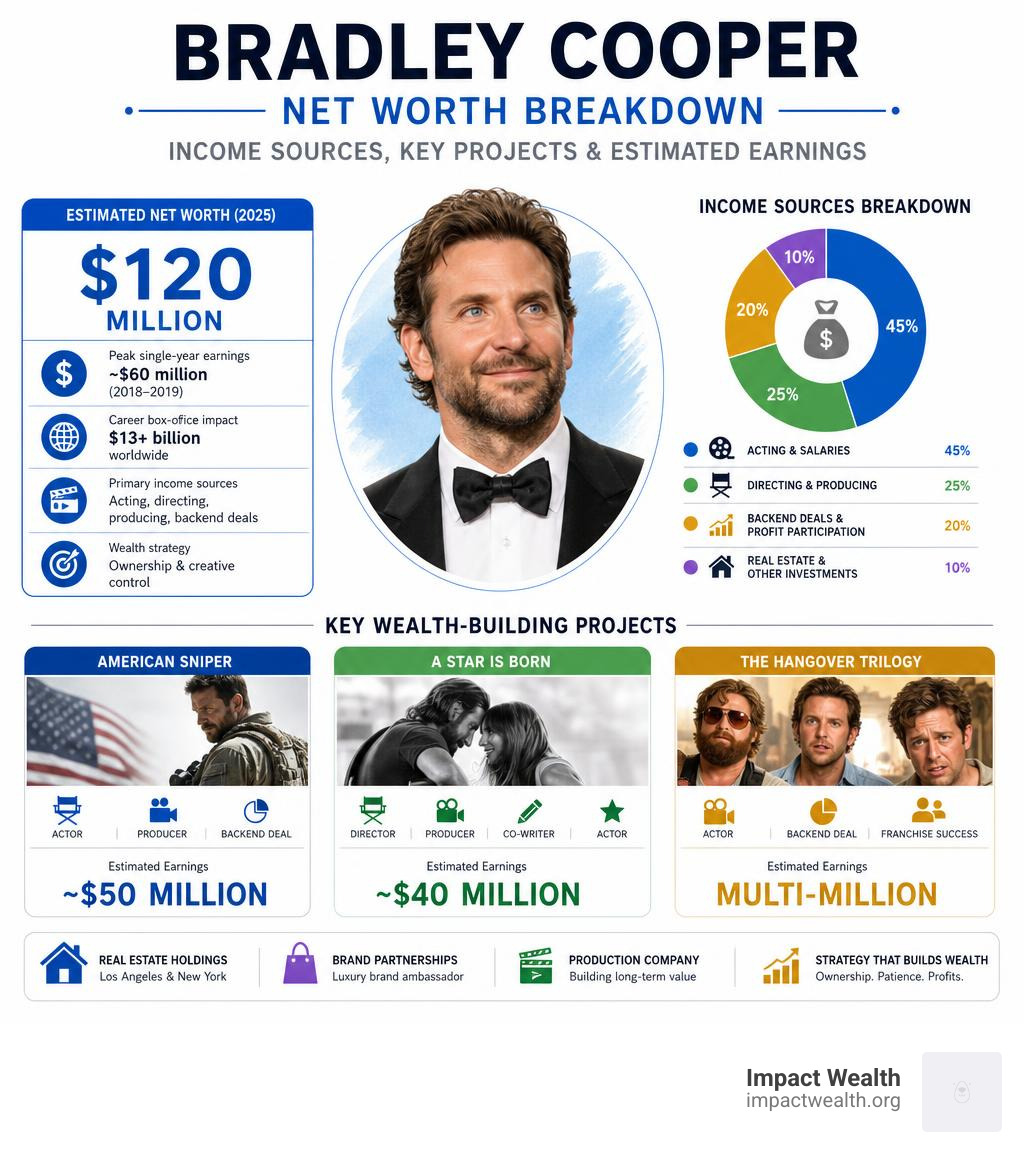 Bradley Cooper net worth breakdown: income sources, key projects, and estimated earnings infographic