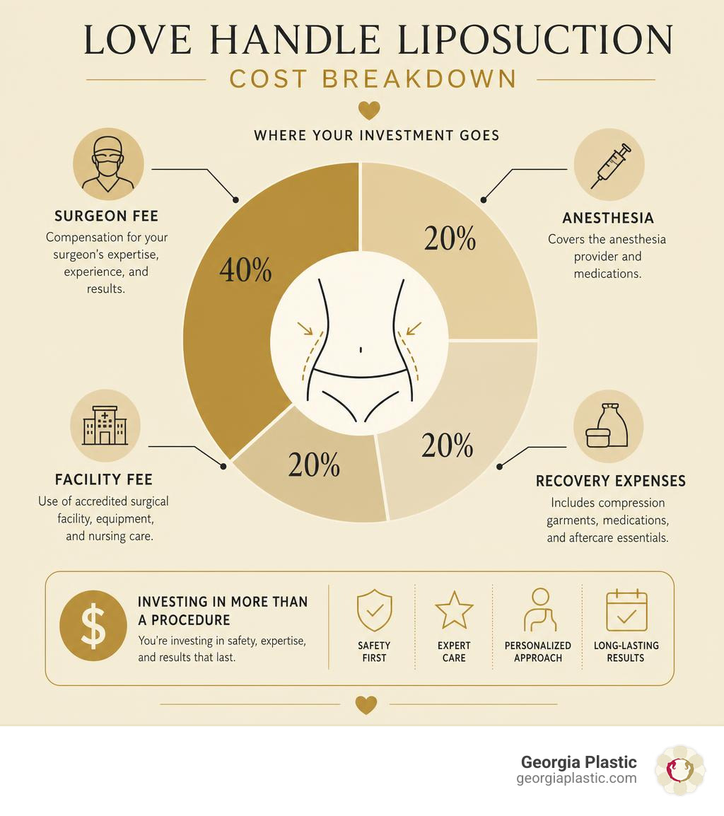 Breakdown of love handle liposuction costs including surgeon fee, anesthesia, facility, and recovery expenses infographic
