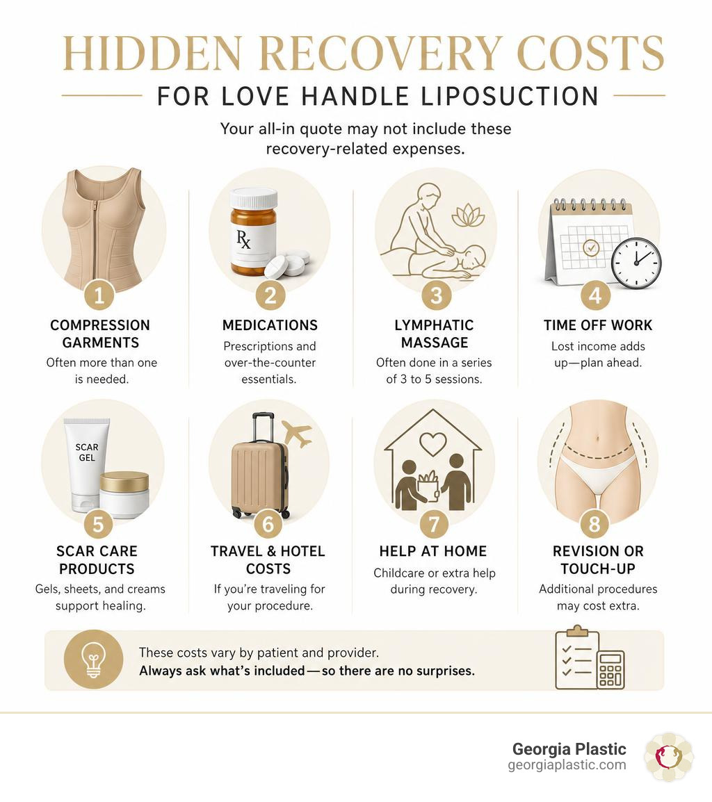 Hidden recovery costs for love handle liposuction including garments, medications, massages, and time off infographic