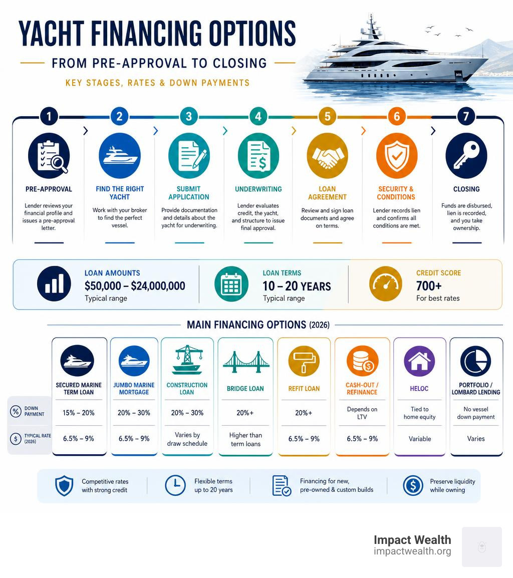 Yacht financing options from pre-approval to closing with key stages, rates, and down payments infographic