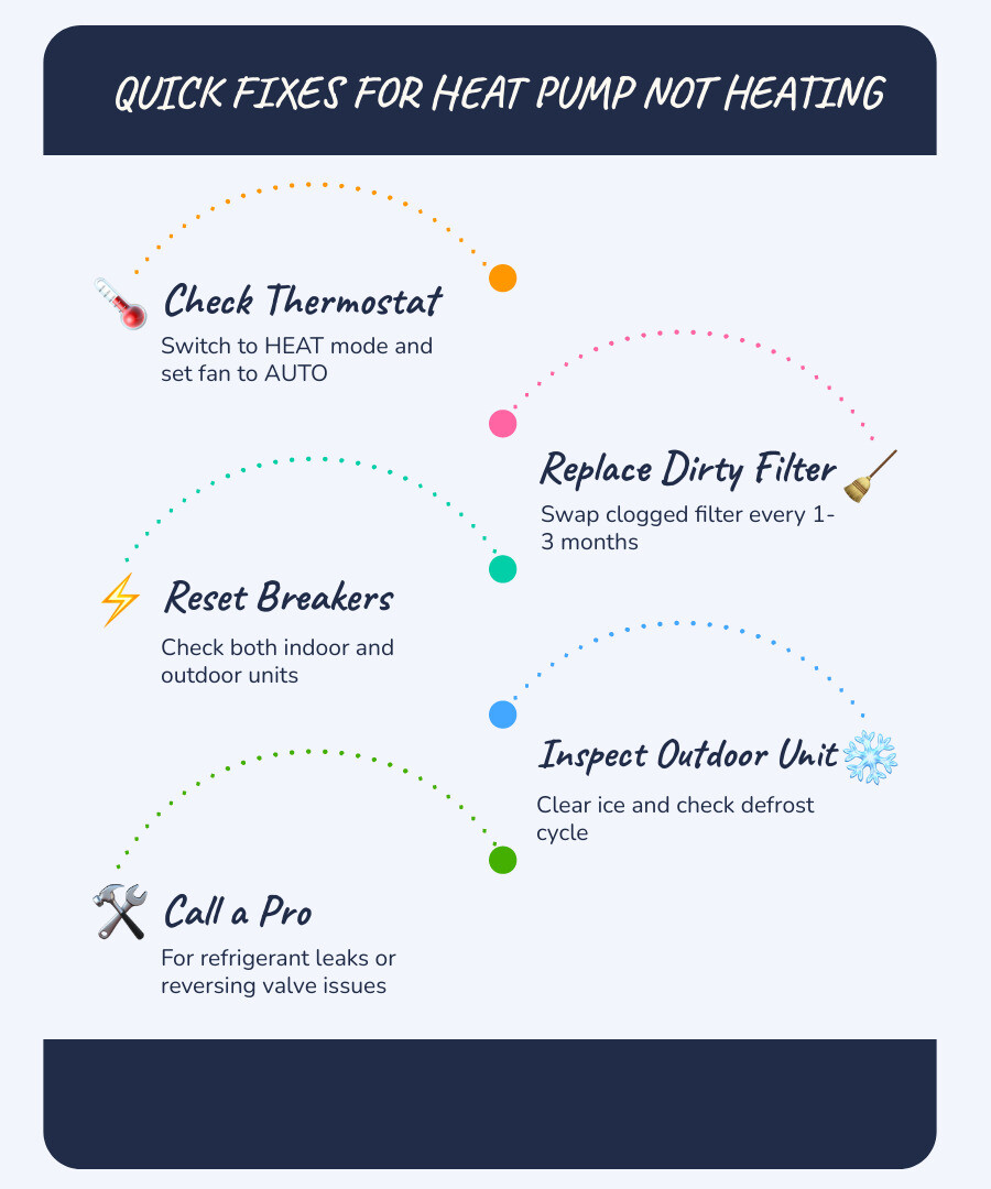 common causes of heat pump not heating with quick fixes and when to call a pro infographic