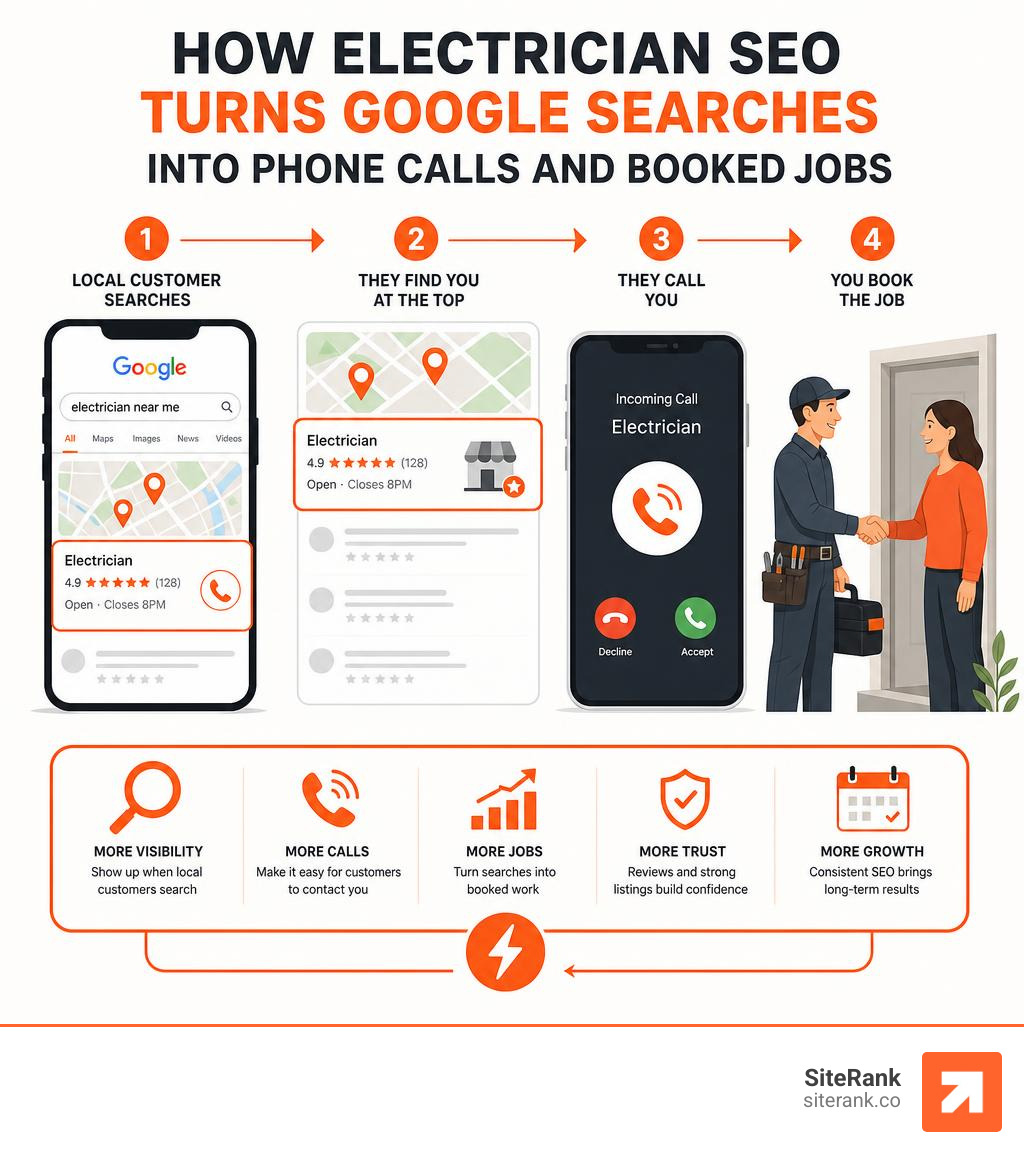 Infographic showing how electrician SEO turns Google searches into phone calls and booked jobs infographic Infographic showing how electrician SEO turns Google searches into phone calls and booked jobs infographic