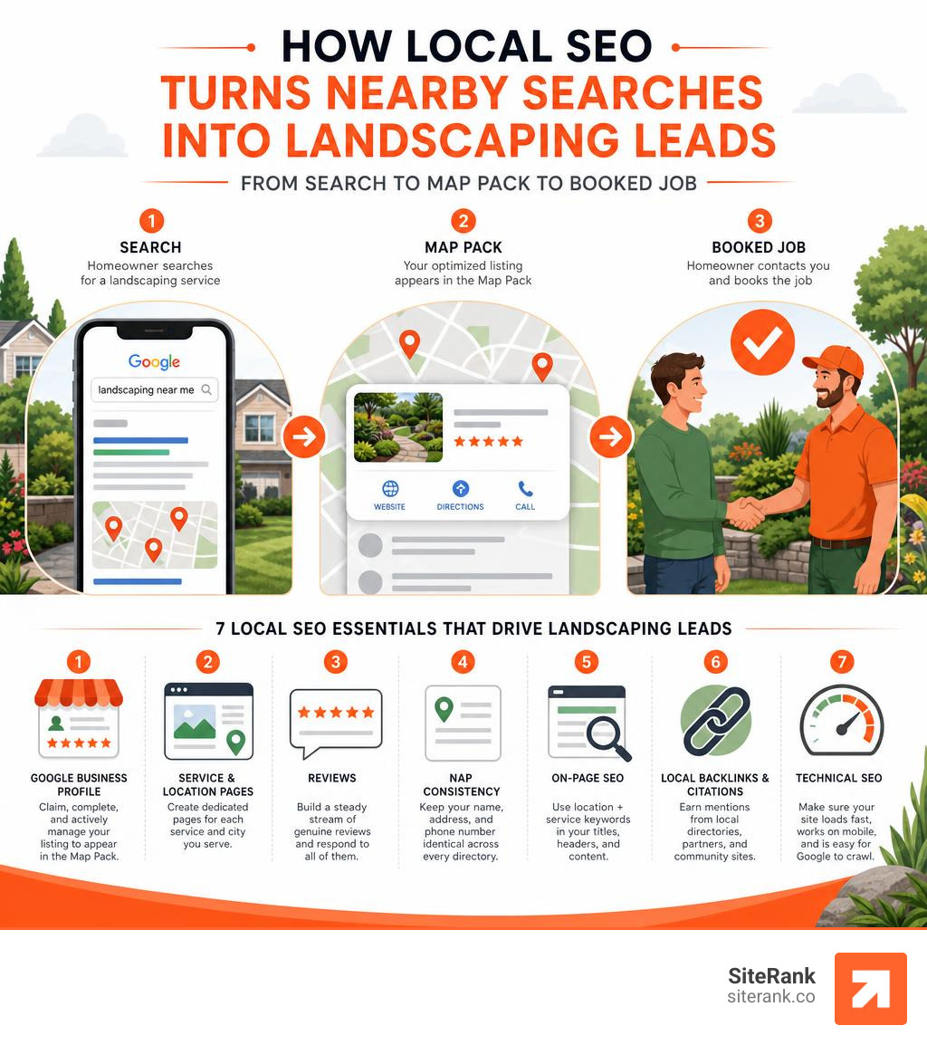 How local SEO turns nearby searches into landscaping leads — from search to Map Pack to booked job infographic How local SEO turns nearby searches into landscaping leads — from search to Map Pack to booked job infographic
