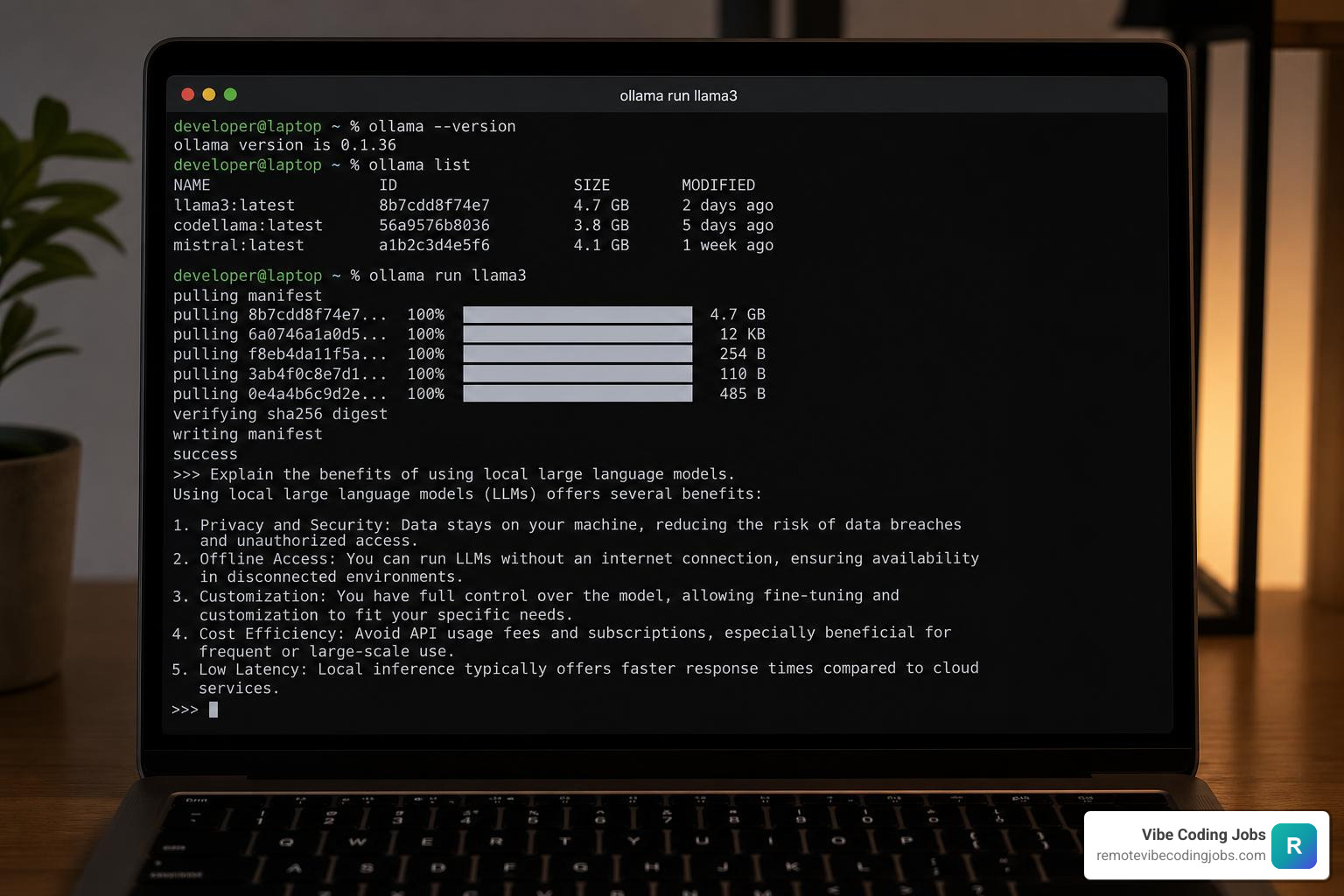 local model execution via Ollama terminal view