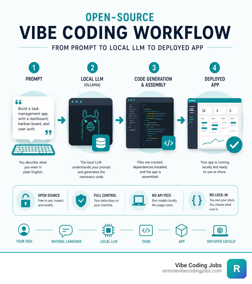 Infographic showing open-source vibe coding workflow from prompt to local LLM to deployed app infographic