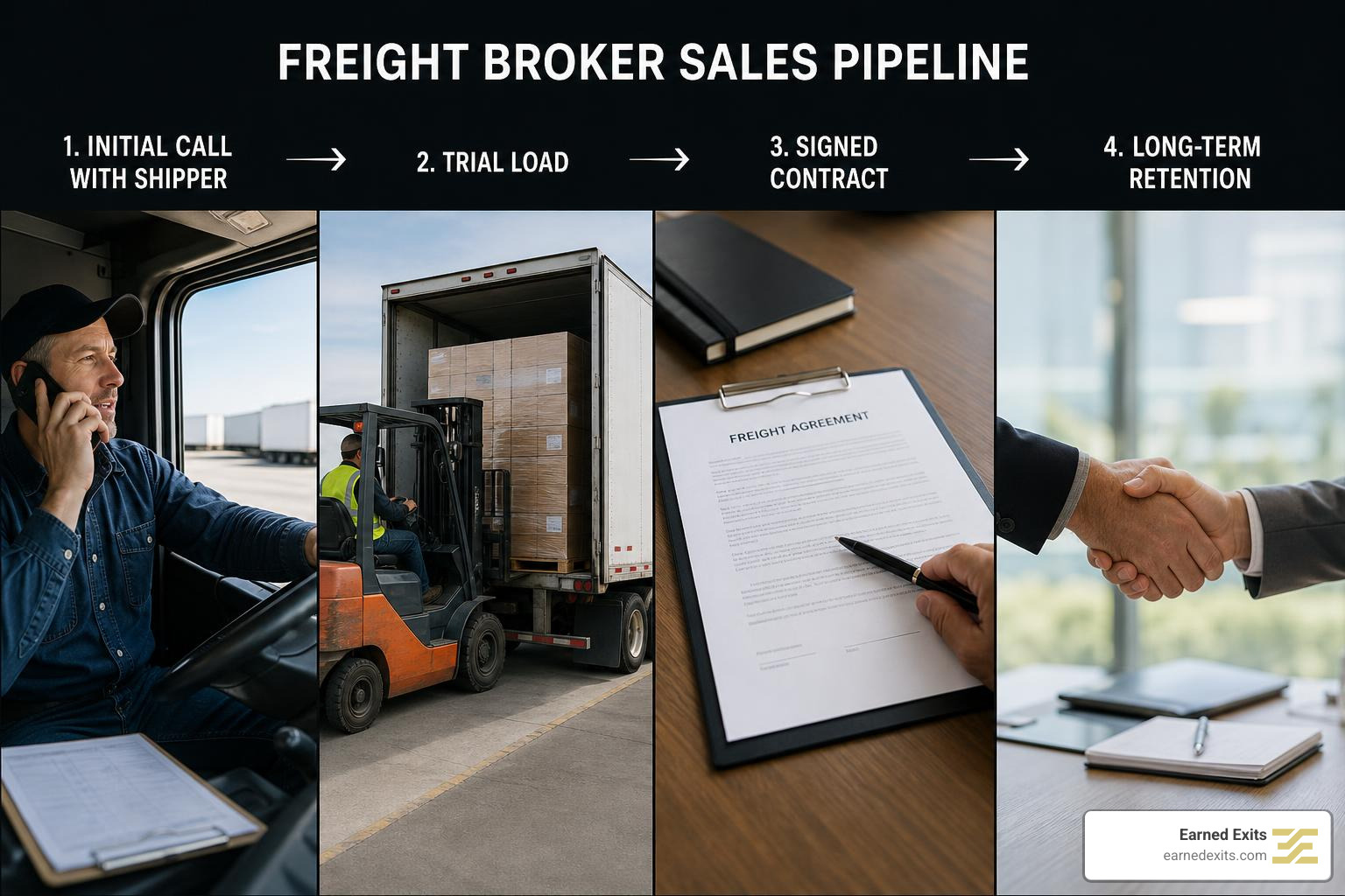 Freight broker sales pipeline from prospecting to quote, trial load, contract, and retention