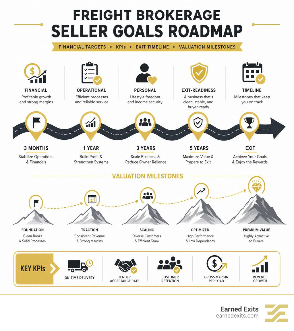 Freight brokerage seller goals roadmap: financial targets, KPIs, exit timeline, and valuation milestones infographic