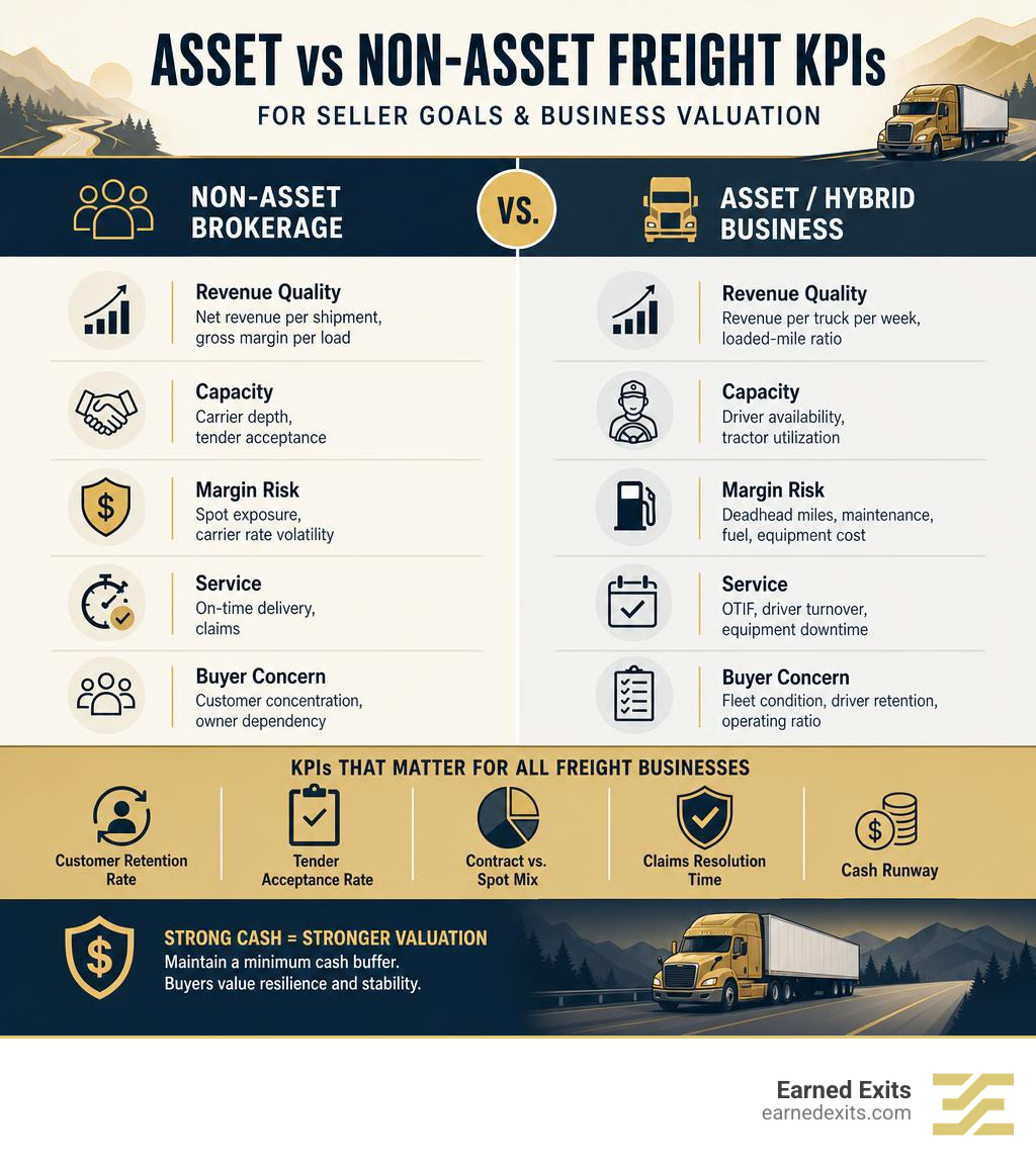 Asset vs non-asset freight KPIs for seller goals and business valuation infographic
