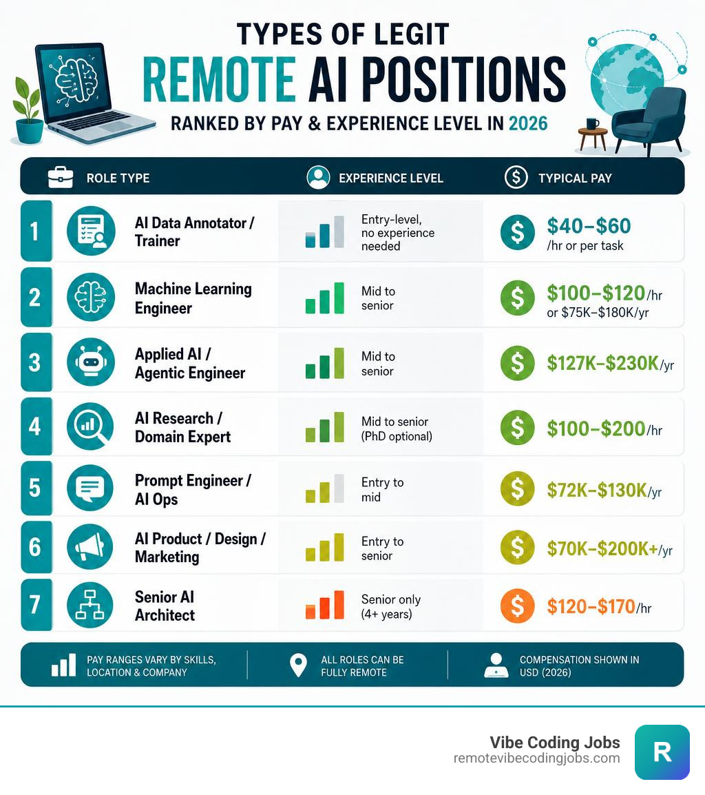 Types of legit remote AI positions ranked by pay and experience level in 2026 infographic