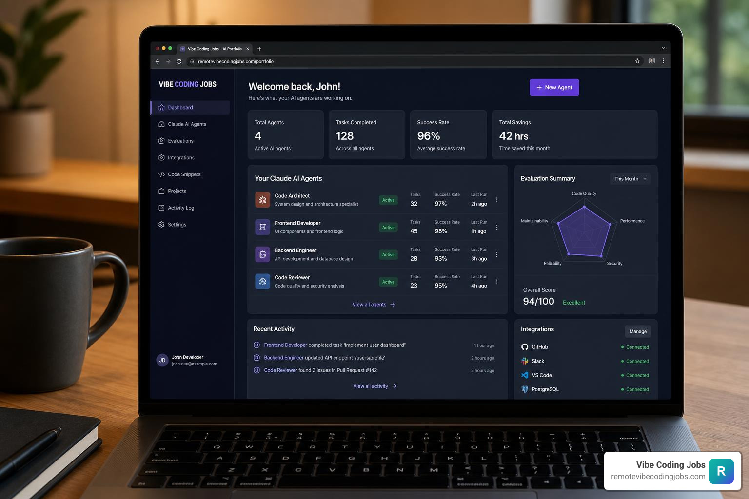 Portfolio dashboard showing Claude agents, evaluations, and integrations