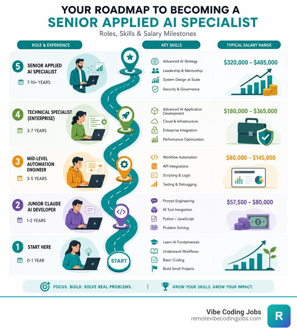 Roadmap from junior Claude developer to senior applied AI specialist, showing roles, skills, and salary milestones
