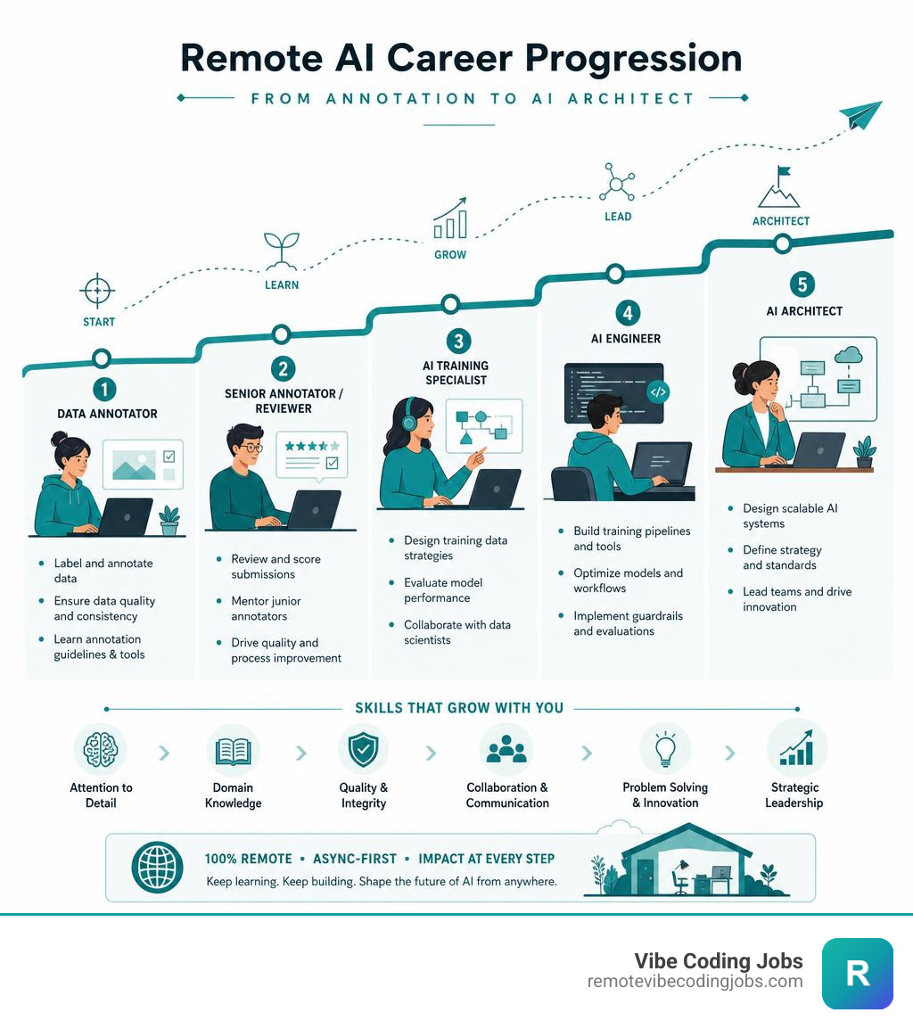Remote AI career progression from annotation to AI architect infographic