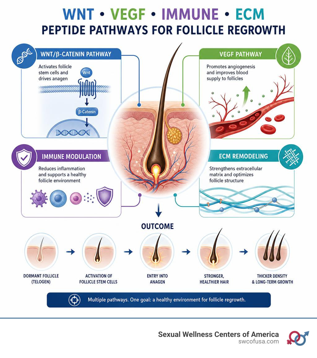 Infographic of Wnt VEGF immune and ECM peptide pathways for follicle regrowth infographic