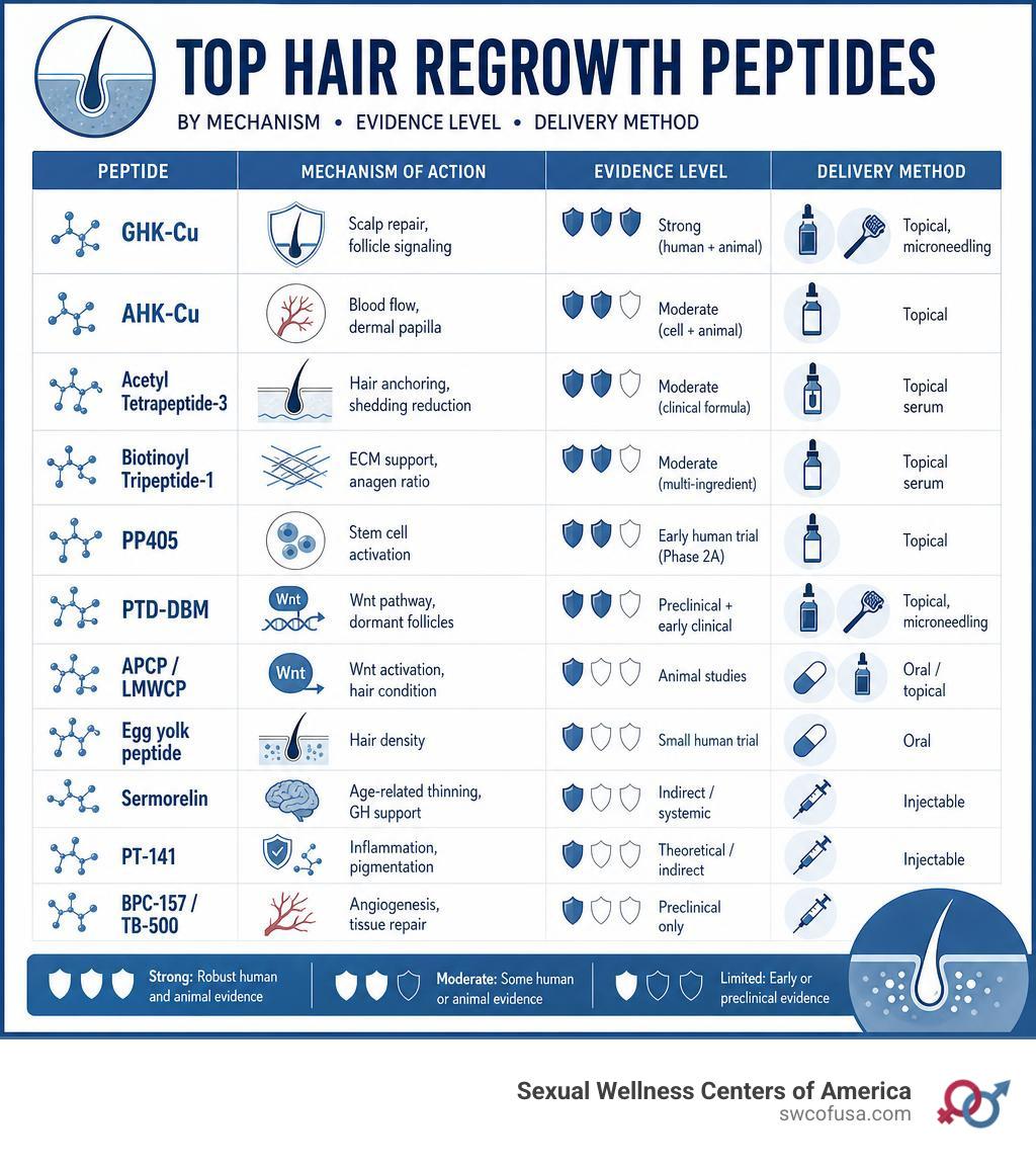Infographic comparing top hair regrowth peptides by mechanism, evidence level, and delivery method infographic