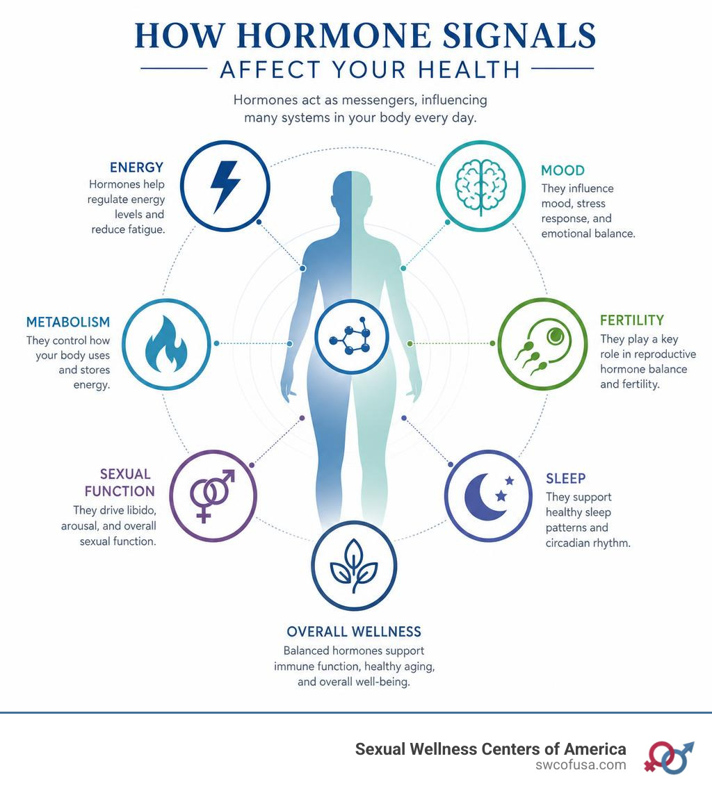 Infographic showing how hormone signals affect energy, mood, metabolism, fertility, sexual function, sleep, and overall Infographic showing how hormone signals affect energy, mood, metabolism, fertility, sexual function, sleep, and overall