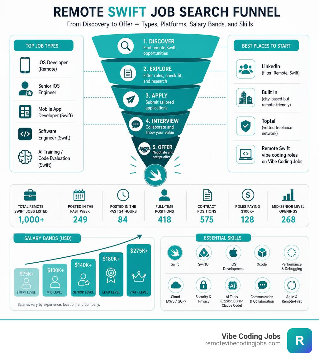 Remote Swift job search funnel from discovery to offer  types, platforms, salary bands, and skills infographic