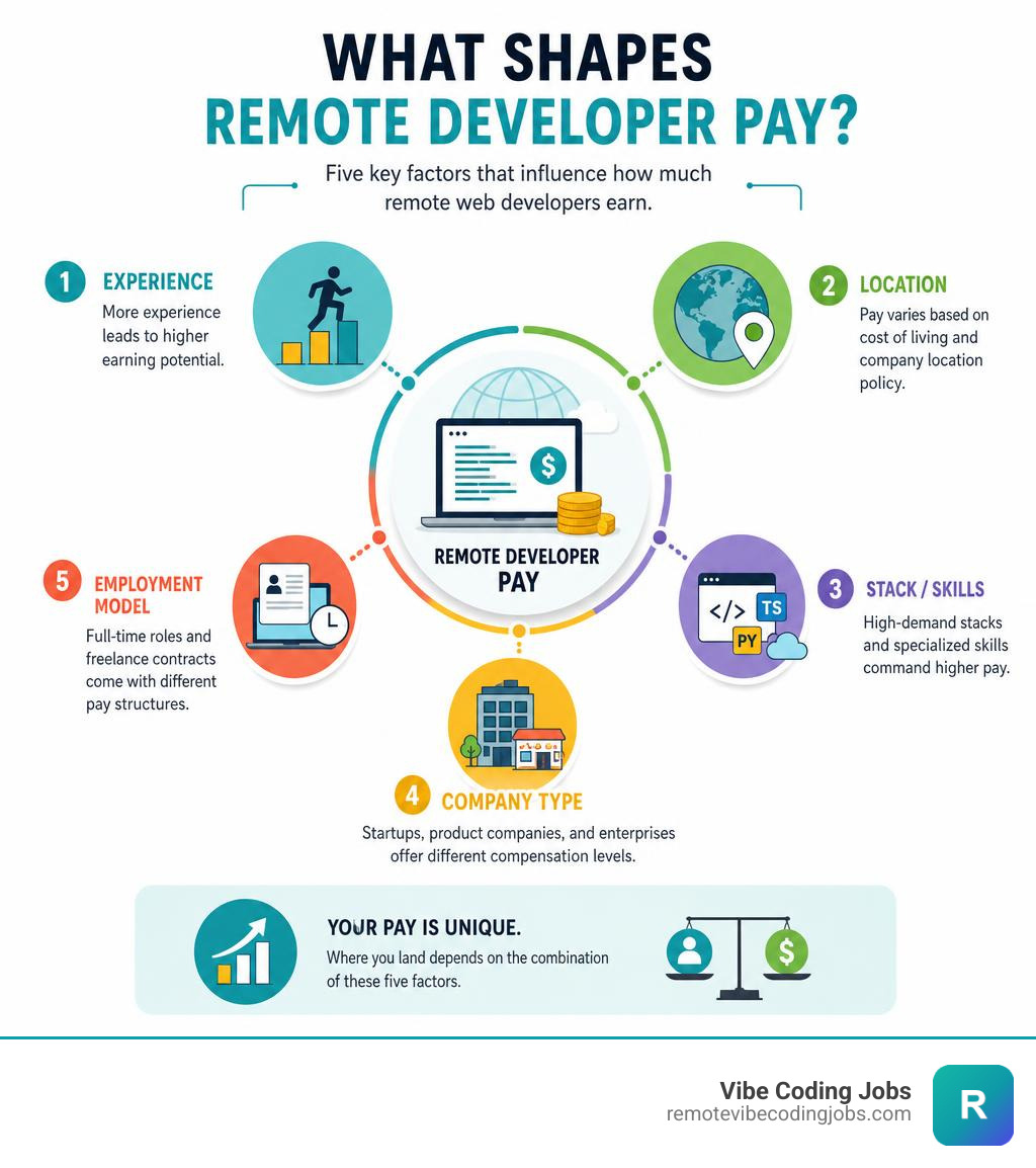 Infographic showing how remote developer pay is shaped by experience, location, stack, company type, and employment model
