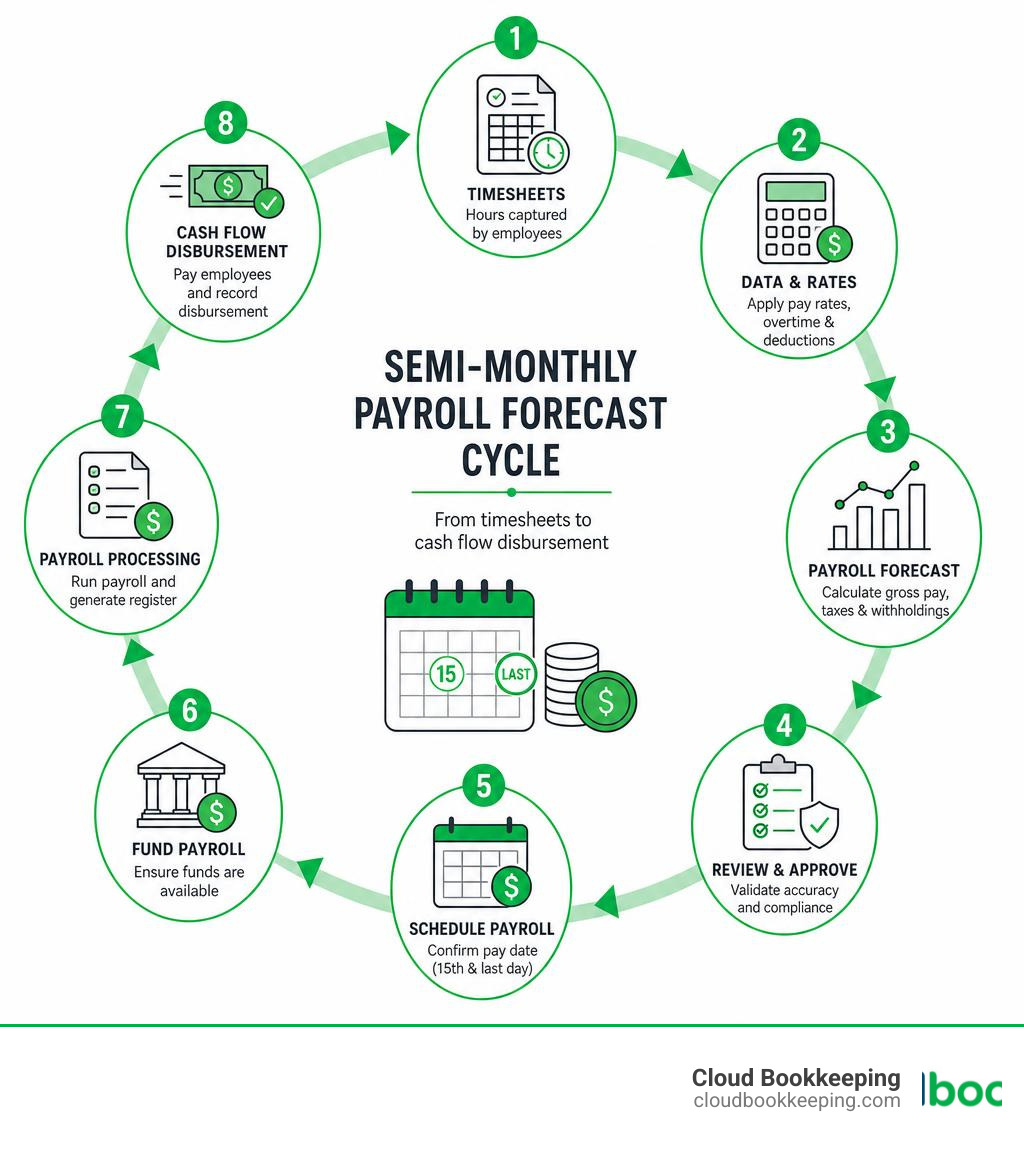 Semi-monthly payroll forecast cycle from timesheets to cash flow disbursement infographic infographic