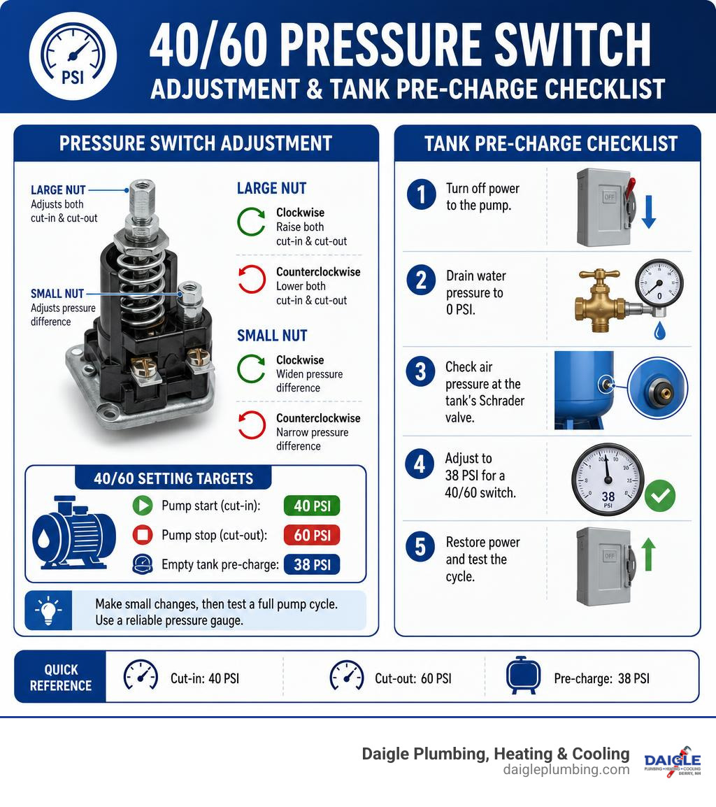 40/60 pressure switch adjustment and tank pre-charge checklist infographic 40/60 pressure switch adjustment and tank pre-charge checklist infographic
