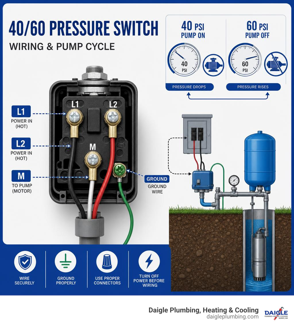 40 PSI pump on / 60 PSI off cycle diagram with terminals L1 L2 M ground infographic 40 PSI pump on / 60 PSI off cycle diagram with terminals L1 L2 M ground infographic