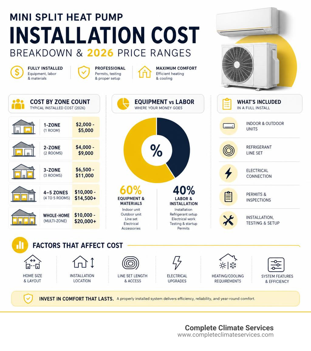 Infographic showing total mini split installation cost breakdown by zone count, equipment vs labor split, and 2026 price Infographic showing total mini split installation cost breakdown by zone count, equipment vs labor split, and 2026 price