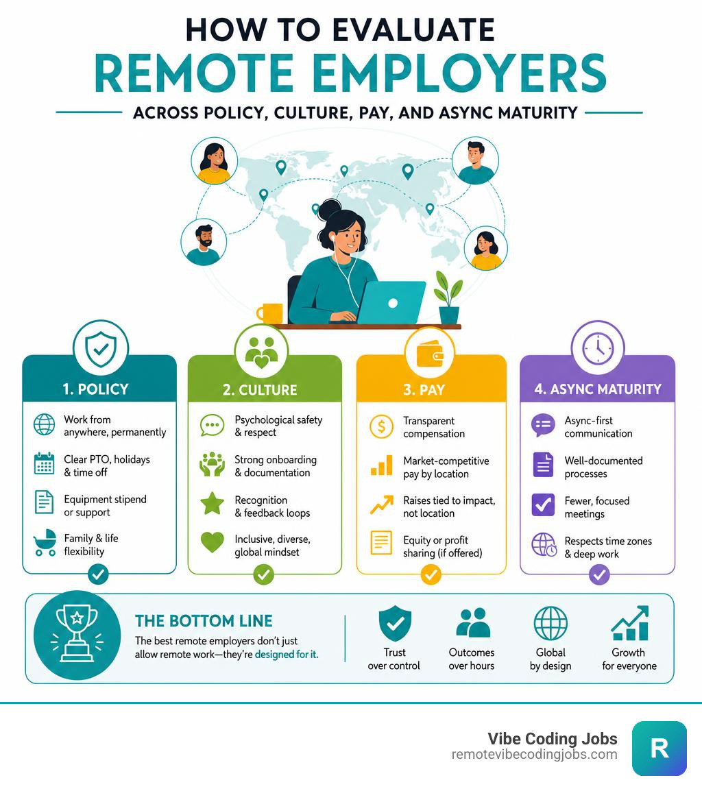 Infographic: how to evaluate remote employers across policy, culture, pay, and async maturity infographic