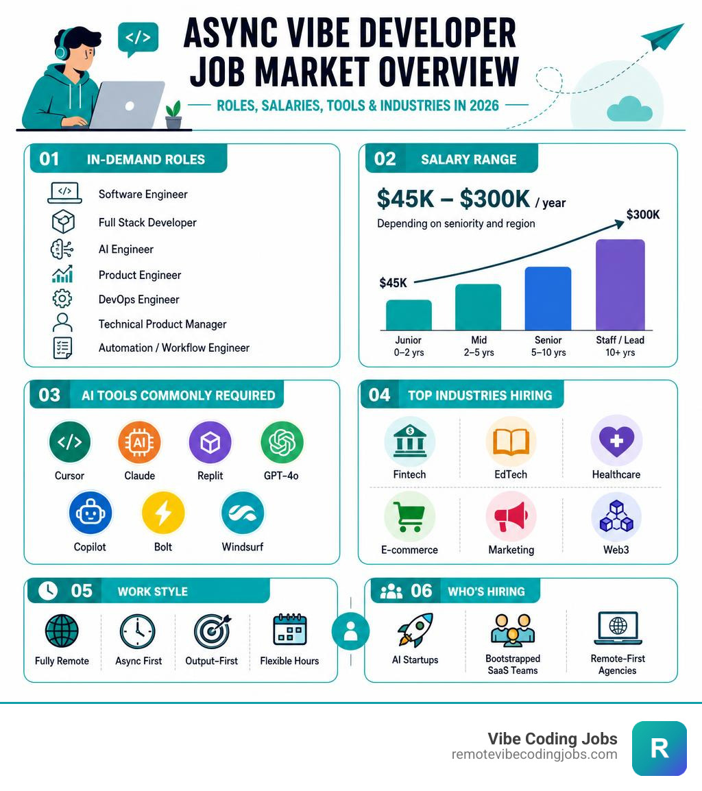 Async vibe developer job market overview: roles, salaries, tools, and industries in 2026 infographic