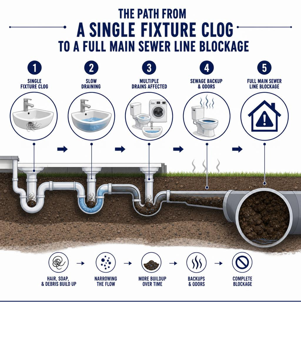 Infographic showing the path from a single fixture clog to a full main sewer line blockage infographic