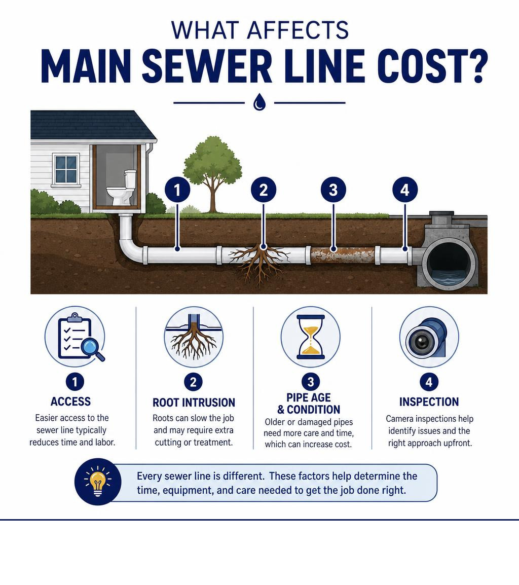 Infographic showing main sewer line cost factors including access, roots, pipe age, and inspection infographic