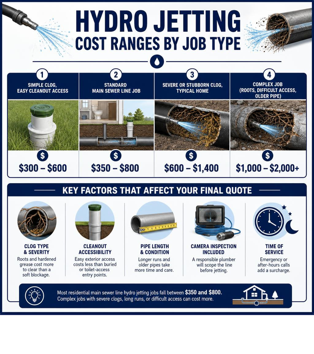 Infographic showing hydro jetting cost ranges by job type and key factors that affect the final quote infographic