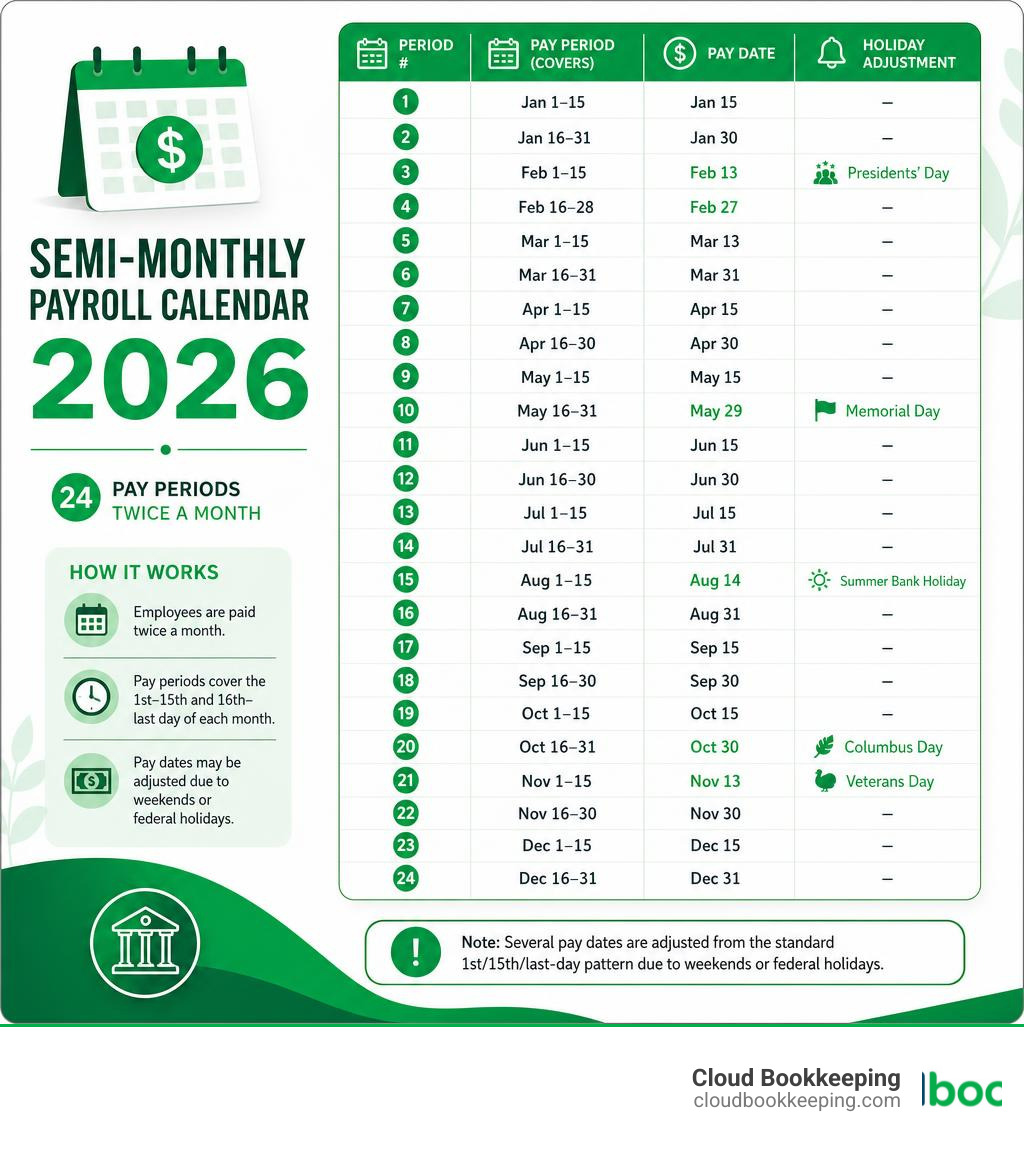 Infographic showing 24 semi-monthly pay periods in 2026 with pay dates, period ranges, and holiday adjustment notes