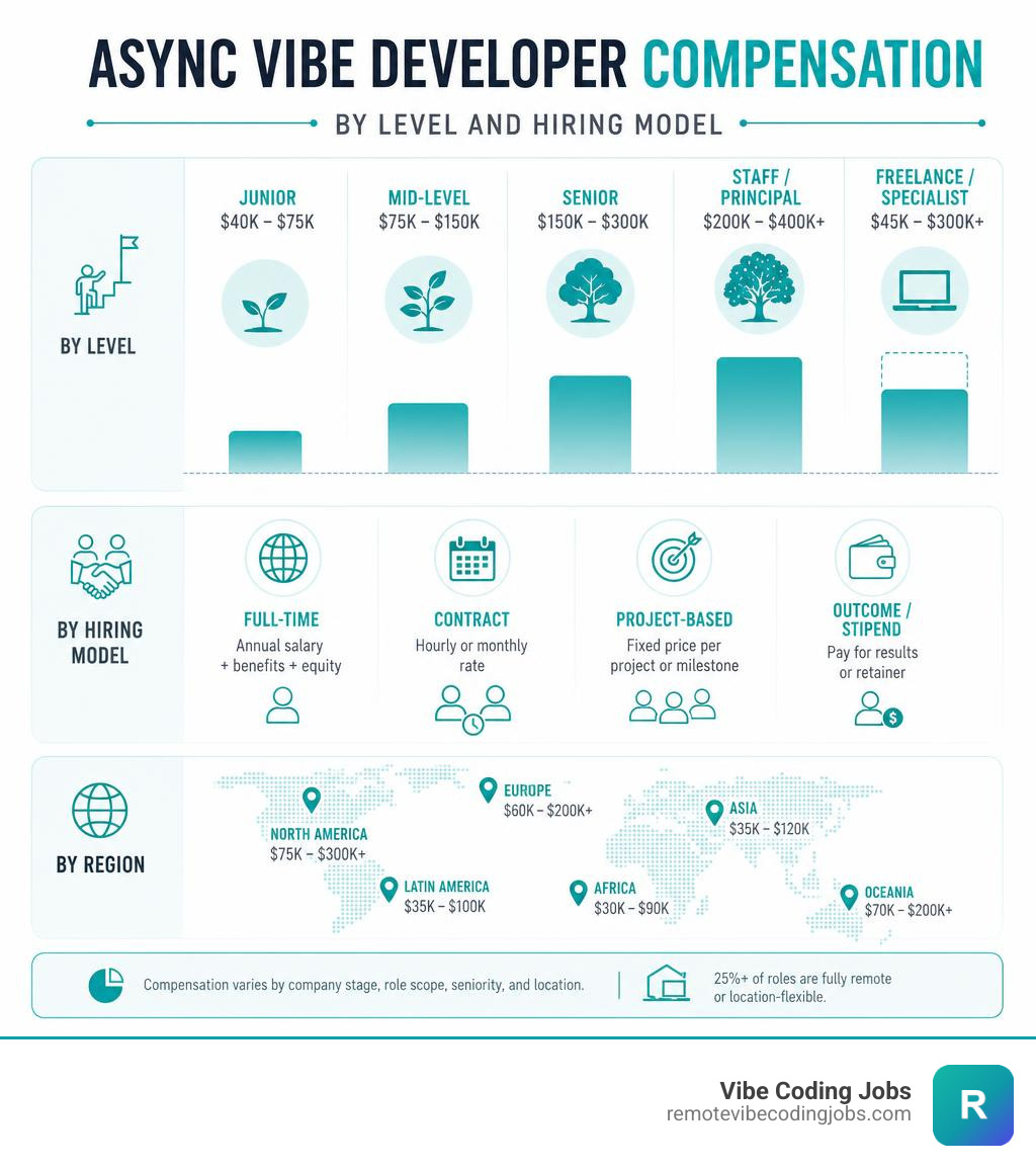 Async vibe developer compensation by level and hiring model infographic