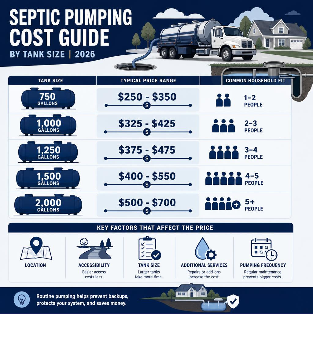 Infographic showing septic pumping cost ranges by tank size and key factors affecting price infographic